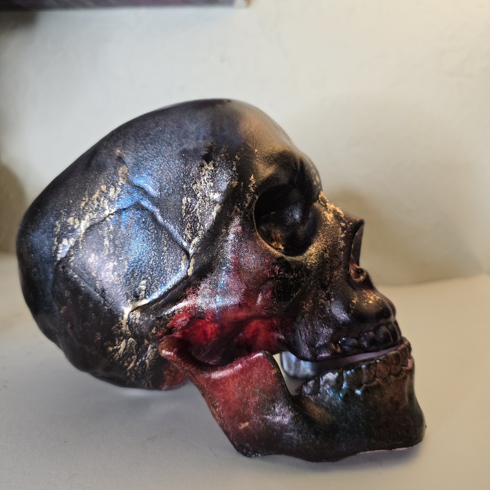 HANDCRAFTED Upcycled Plastic Skull Head HANDPAINTED Tabletop Art Decor Halloween - Picture 10 of 17